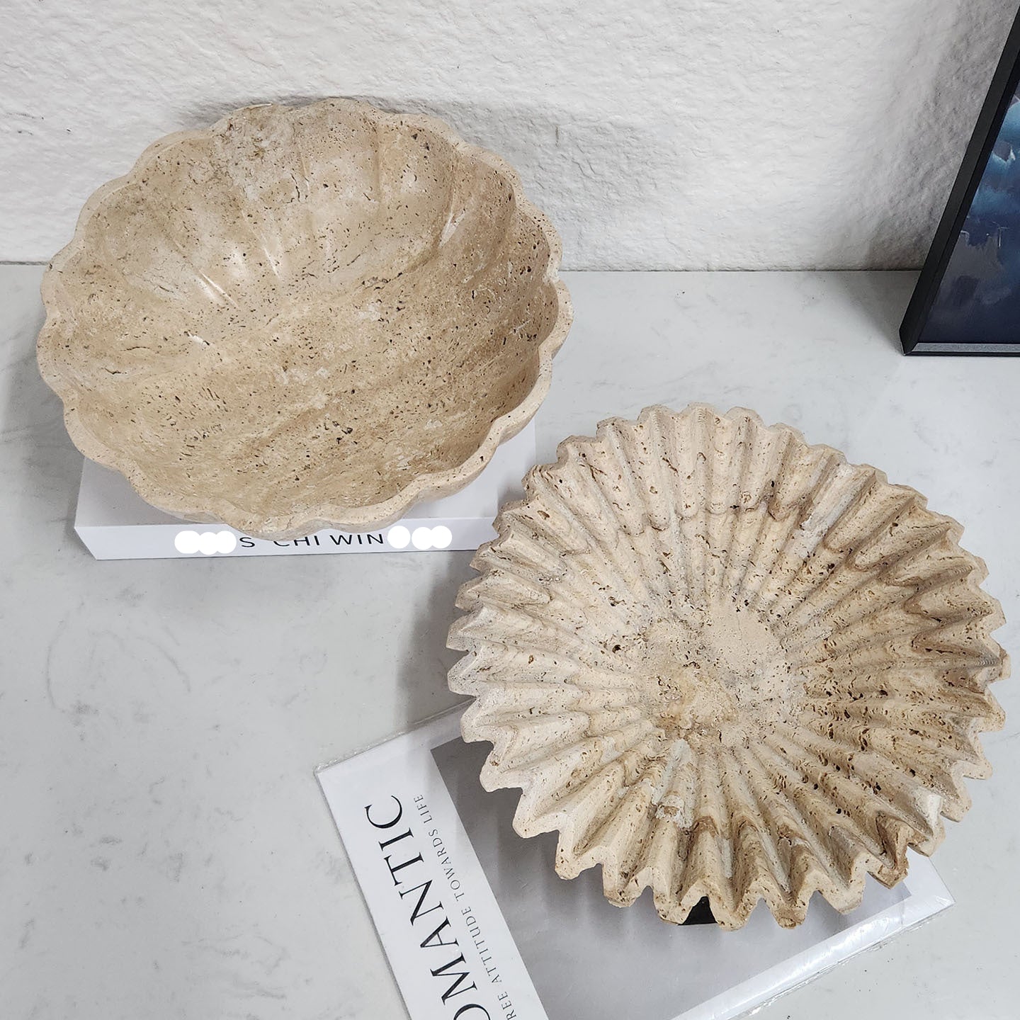 Beige Travertine Fruit Bowls - Natural Stone Centerpiece Bowl