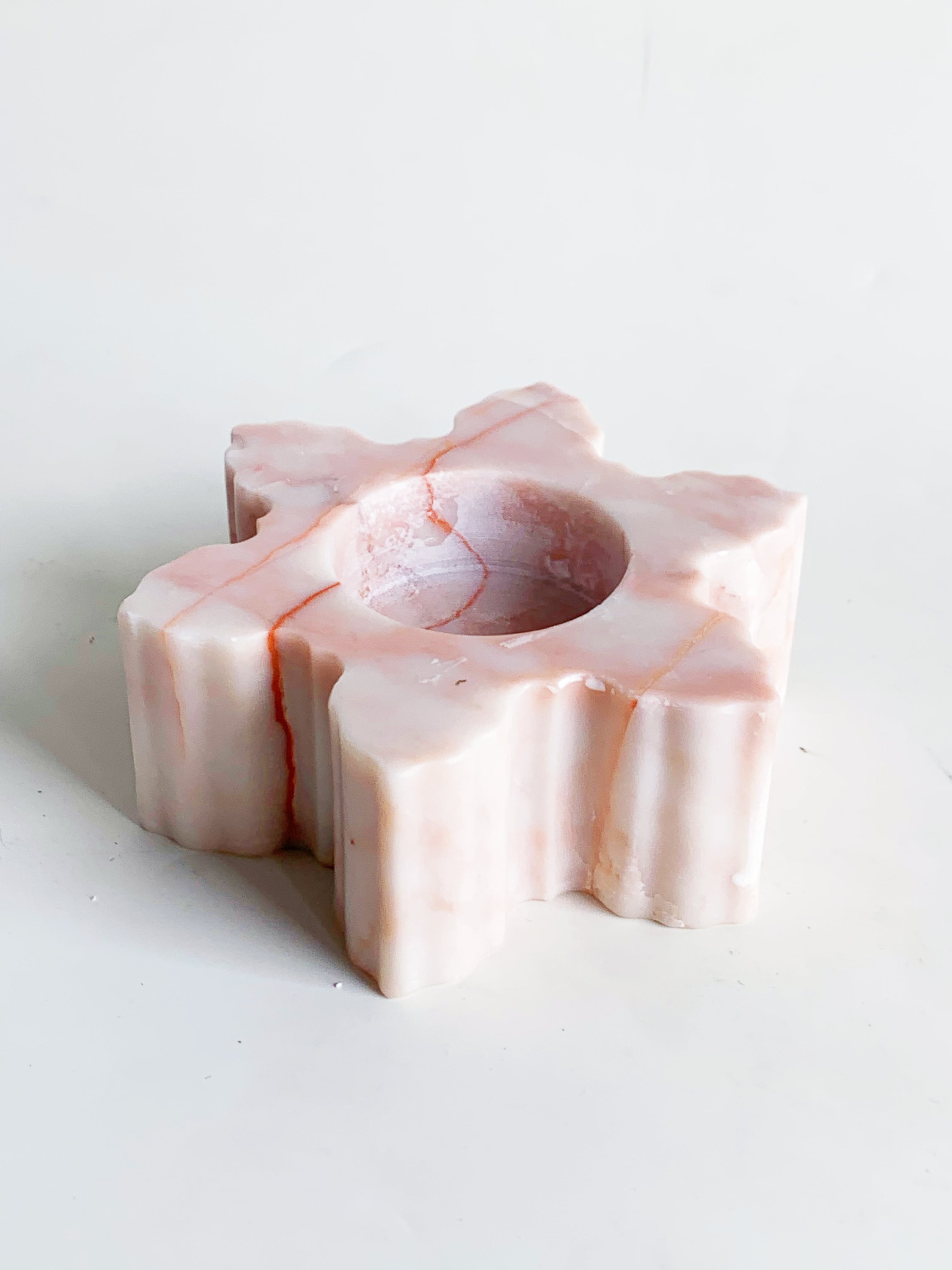 Christmas Calacatta Pink Marble Snowflake Candle Holder | Holiday Stone Decor