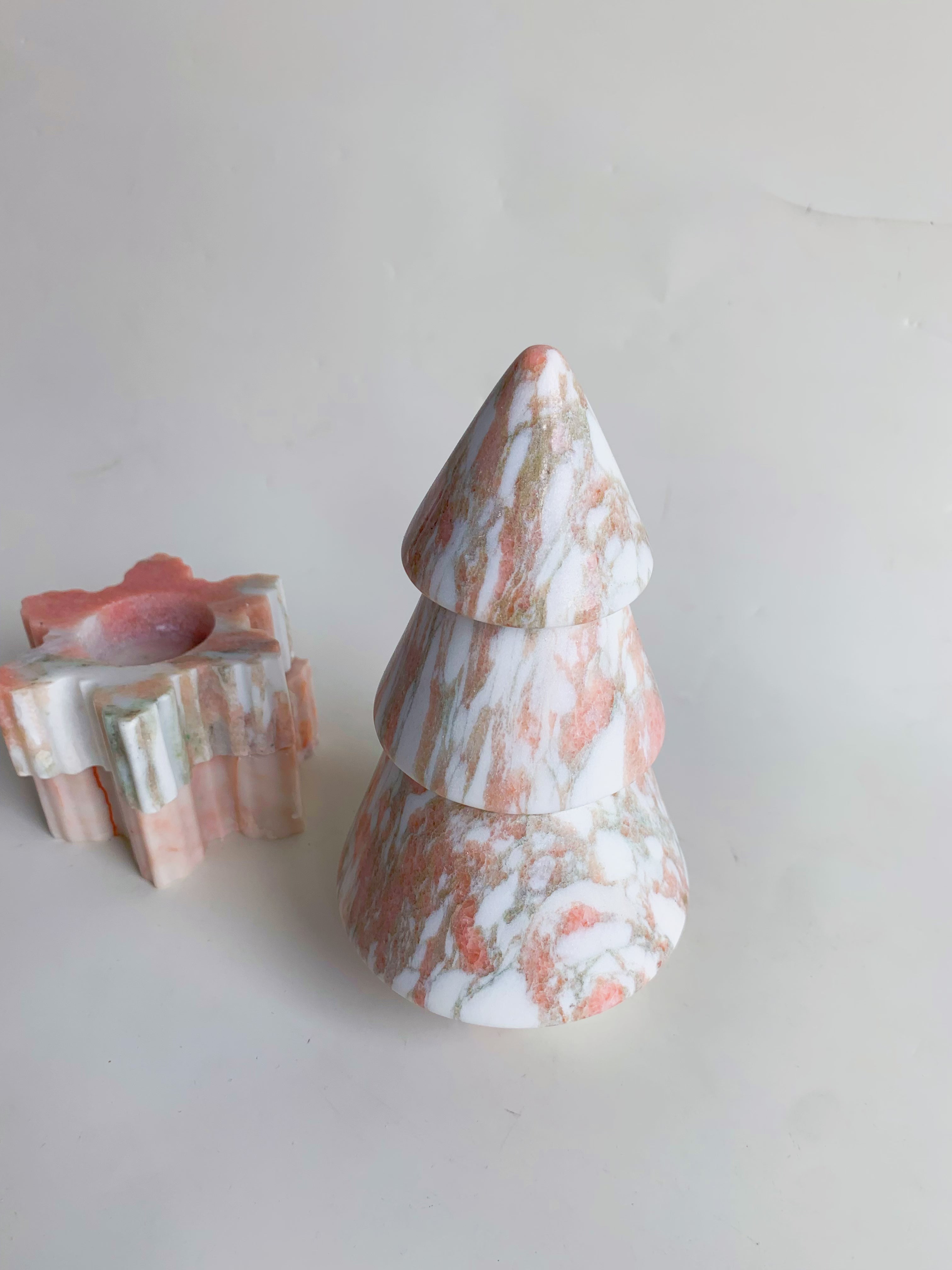Christmas Tree Norwegian Rose Marble Candle Holder | Festive Stone Decor