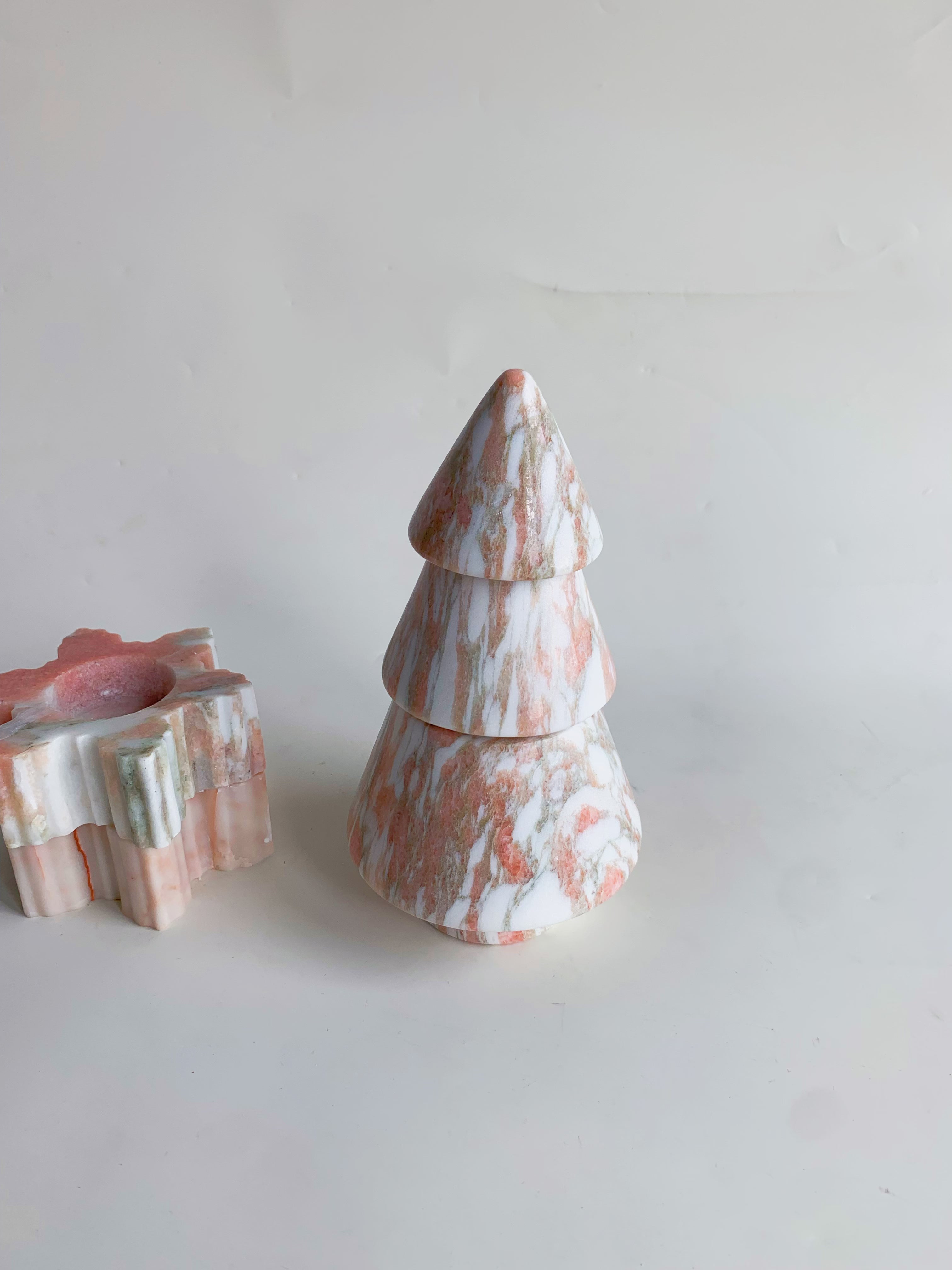 Christmas Tree Norwegian Rose Marble Candle Holder | Festive Stone Decor