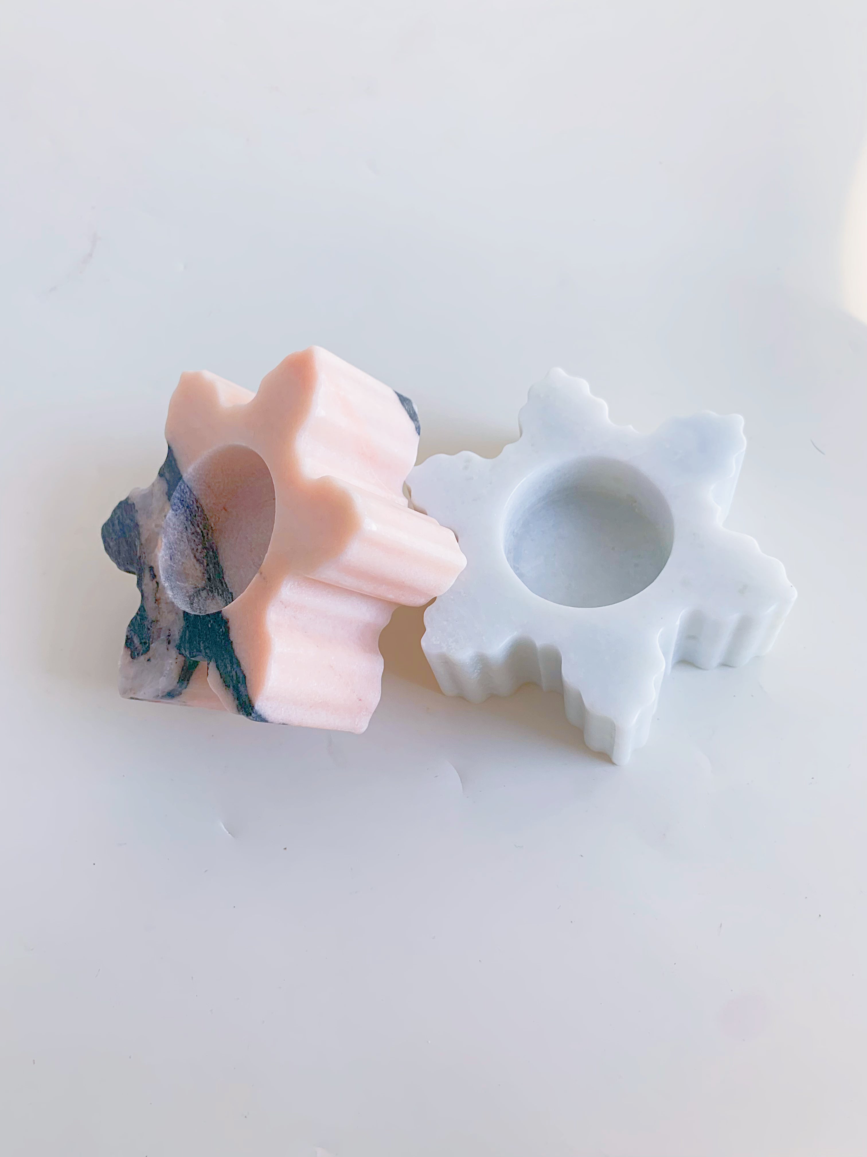 Christmas Pink Marble Snowflake Candle Holders | Holiday Stone Decor